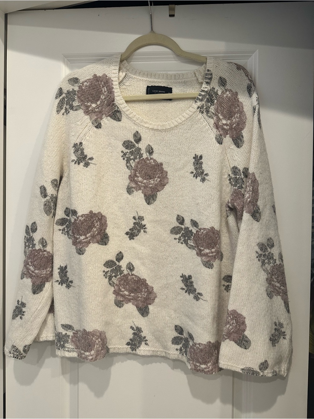 Lucky Brand Cream Floral Crewneck Sweater with Dusty Rose Blooms